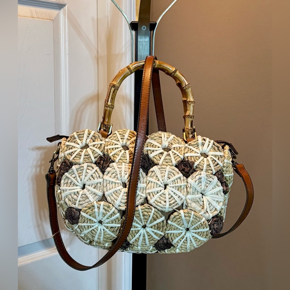 Patricia Nash Woven Bamboo Handle Satchel – Rosette Straw | NWT | Rare